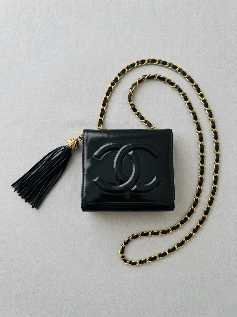 Black Patent Leather Chain Shoulder Bag with Tassel